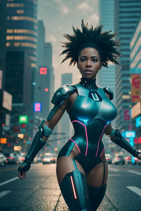 8k, ARTISTIC photography, best quality, masterpiece: 1.2), (realistic, photorealistic: 1.37)` Movie still, an African woman wearing a shiny silver suit and headphones, retrofuturistic female android, cyborg - girl, style hybrid mix of beeple, realism | beeple, hyperrealism, Hajime Sorayama design, beautiful body, voluptuous body, thick thighs, perky breast futuristic woman portrait, cyborg girl, 3 d render beeple, futuristic look, futuristic clothing and helmet, (((over-detailed clothing))) cyborg woman, recusion beeple,