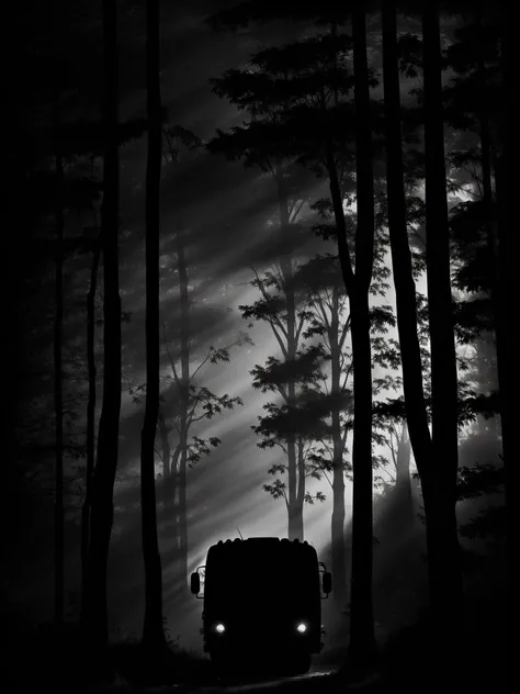 <lora:EdobShadow_v1.0:1.0> EdobShadow silhouette of a wrecked bus, in the morning fog, in a forest, epic, dramatic lighting, ray of light.