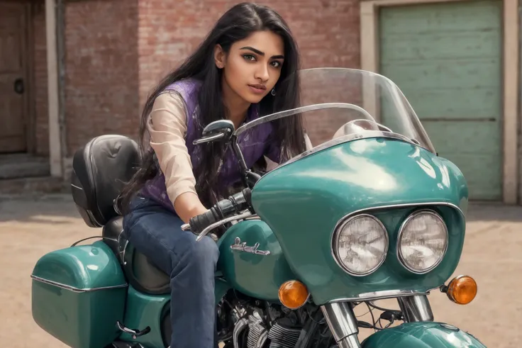 a lovely photograph,
1 teenage indian female, slim body shape, delicate heart face, medium length lavender_purple fishtail braid hairstyle with wispy bangs , thick eyebrows, emerald eyes, big monolid eye shape, crooked nose, commissure lips, chestnut sheer lipstick, cleft chin, nervous facial expression,
sleek motorcycle garage with vintage bikes background,
(environmental portrait shot, shot from front :1.33),
(masterpiece, ultra quality, extremely detailed, 8k, high saturated:1.33)