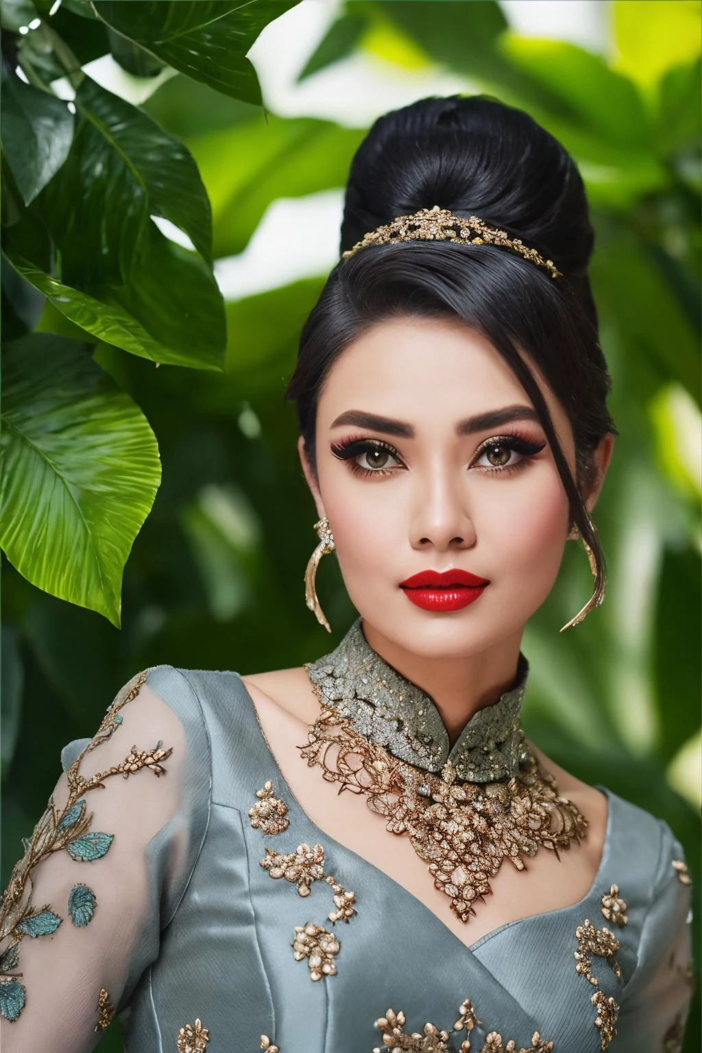 1 women, a photorealistic photo of hepburn, (high detailed face), natural eyes, best quality, hyperdetailed, super realistic, ultra highres, detailed face textures, detailed skin, detailed hair texture, ultra detailed, solo focus, high details, detailed and intricate, intricate details, high intricate details, absurd amount of details, Realism, RTX, detailed clothing, ultra highres clothing, <lora:KebayaV1.0.1:0.75> wearing gray kebaya with embroidery, wide shot, eyeliner, mascara, red lips,