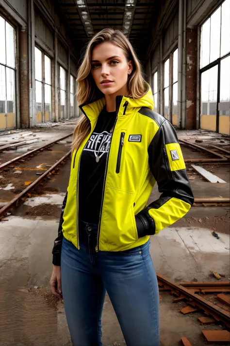 <inversion:epi-noise-offset:1.0> <lora:detail-tweaker:1.0> epi-noise-offset-all, beautiful woman wearing a yellow jacket and jeans, perfect detailed face, standing in an abandoned factory warehouse ruins, (solo), masterpiece, highest quality, high resolution, shallow depth of field
