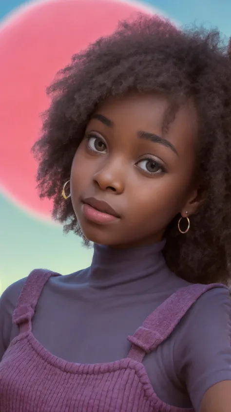 1 pre-teen african female, average body shape, rounded diamond face, long sherbet_orange half-up hairstyle with choppy bangs , straight eyebrows, sapphire eyes, big prominent eye shape, flat nose, thin lips, rust oil-based lipstick, v-shaped chin, hopeful facial expression,
wearing knit dress and tights,
soothing lavender field under a clear sky background, dusk ,
(mid-range shot, shot from below :1.33),
(masterpiece, ultra quality, extremely detailed, 8k, high saturated:1.33)