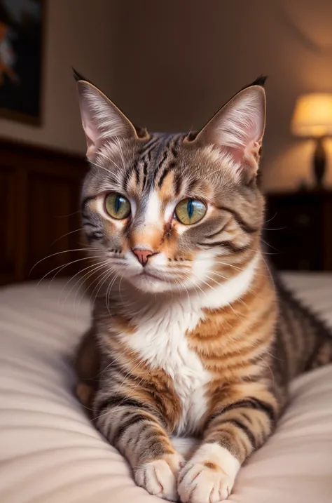 (masterpiece:1.3), best quality, absurdres, (extremely detailed:1.1), evening,natural light,
BREAK
cute cat with fantastic fur lying in bed, extremely detailed eyes, fluffy,