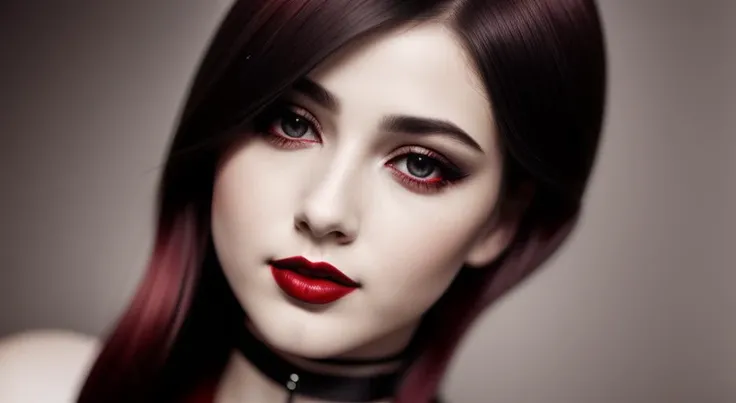 1girl, (dark red lipstick:1.3), sad smile, long eyelashes, black and white, (choker)
24mm, 4k textures, soft cinematic light, adobe lightroom, photolab, hdr, intricate, elegant, highly detailed, sharp focus, ((((cinematic look)))), soothing tones, insane details, intricate details, hyperdetailed, low contrast, soft cinematic light, dim colors, exposure blend, hdr, faded