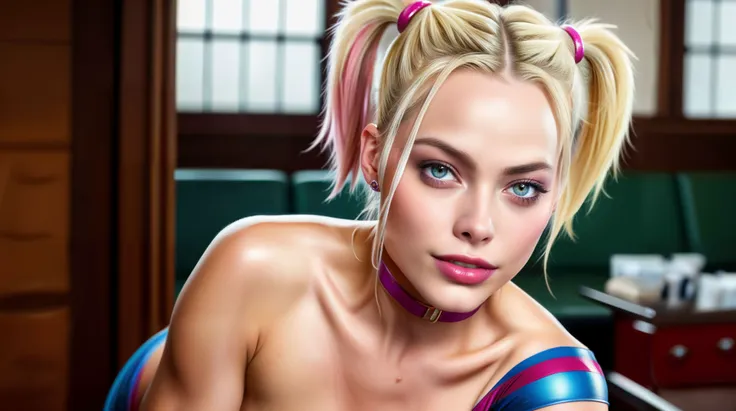 ((highest quality)), ((masterpiece)), ((be familiar with)), ((Margot Robbie)), (Harley Quinn), Perfect Face、8K、Accurate、Wet hair、bathing in  on the face、(On all fours)、realistic tongue、White skin、Accurate指の描写、(Voluptuous body)、Large Breasts、Narrow waist、glamorous、Wearing a choker、TATTOO、Cinematic, (Complex:1.4), Low contrast、NSFW, 1boy, 1penis, penis with protruding blood vessels、Thick penis、Realistic penis、REAL glans, REAL tip, NSFW, (deepthroat:1.6), fellatio, Blowjob、Blowjob face、blow Job, Side lighting, Best Shadow, Special effects、(projectile cum:1.3), (excessive cum:1.2), (cum on face), cum on brest, cum on tongue、Side view