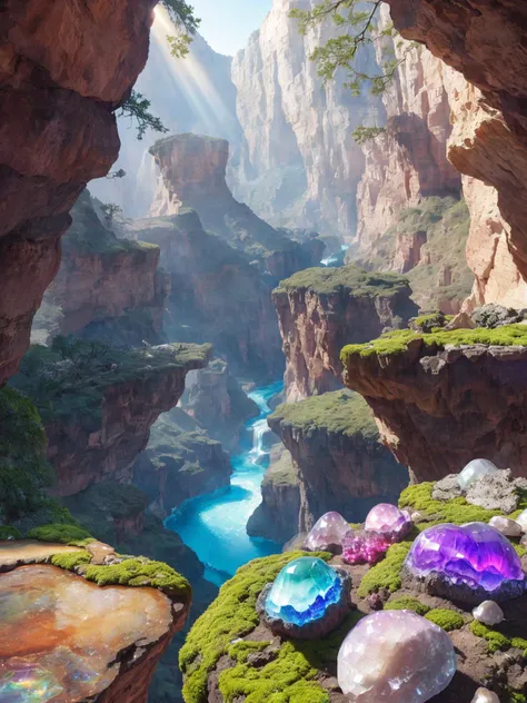 A canyon filled with towering crystal geodes that refract sunlight into dazzling arrays of color. The canyon floor is carpeted with luminescent moss and vibrant fungi, contrasting with the jagged, iridescent rock formations. Waterfalls cascade from crystal ledges, creating a symphony of light and sound in this extraordinary landscape.