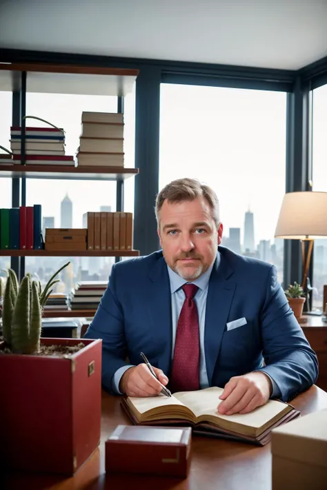 CEO portrait stock photo middle-aged man in luxurious office sitting at desk overlooking city (masterpiece:1.2) (photorealistic:1.2) (bokeh) (best quality) (detailed skin) (intricate) (8k) (HDR) (cinematic lighting) (sharp focus) (Clutter-Home:1.2)