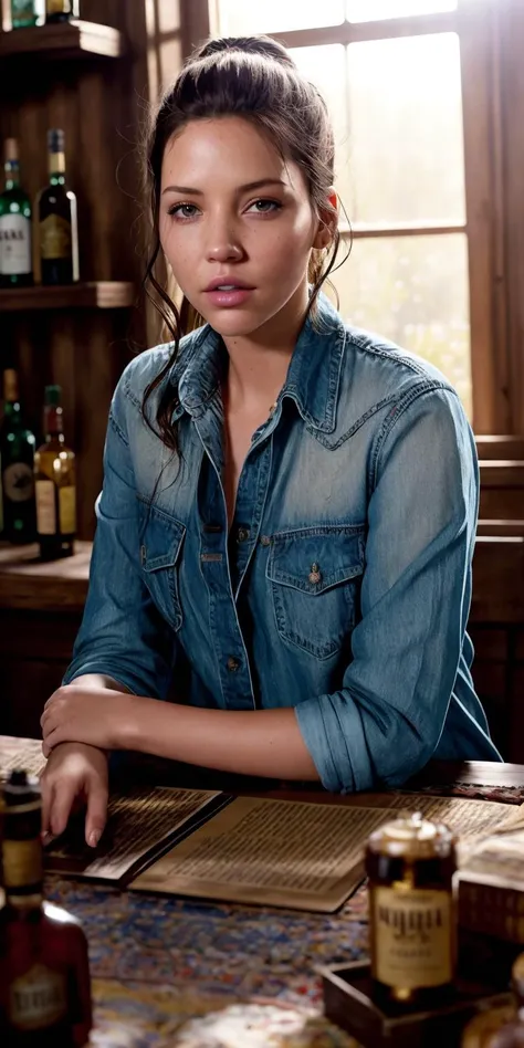 beautiful (EvelynNobodySD15) western RPG character brunette hair upsweep updo button shirt at a cantina sitting bar tequila liquor bottles, Lighting-Gold (dark moody ambience:1.2) (masterpiece:1.2) (photorealistic:1.2) (bokeh) (best quality) (detailed skin:1.2) (intricate details) (Clutter-Home) (8k) (HDR) (cinematic lighting) (sharp focus)