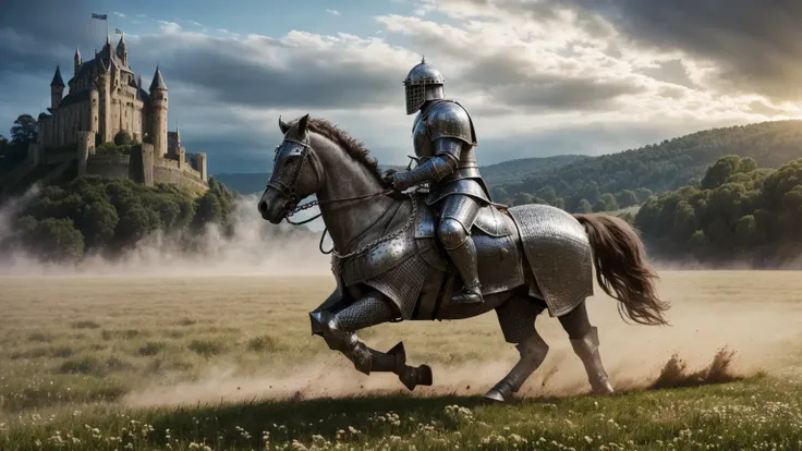 photorealistic, masterpiece, cinematic composition, general shot photography of a (charging medieval knight wearing grey metalic chain mail underneath a plate armour, shouting fiercely, mounted on a proud and imposing warhorse galloping at full speed across a meadow:1.3), (kicking up a great dust and scattering clods of earth in its wake:1.3), (realistic and detailed|intricate armour, realistic and detailed|intricate grey metalic chain mail:1.2), (photorealistic musculature, detailed skin, skin texture, natural skin), (highly action composition), skin imperfections, natural skin wrinkles, (natural skin spots:0.4), highly detailed clothes, abundant details, intricate details, realistic wrinkles in clothing, fantasy landscape, cloudy sky, castle in the distance, radiant lighting, deep shadows, dramatic scene, dark colour palette, detailed landscape, volumetric lighting, (detailed lighting), detailed light reflections on armour, 8k, highly detailed, UHD, HDR