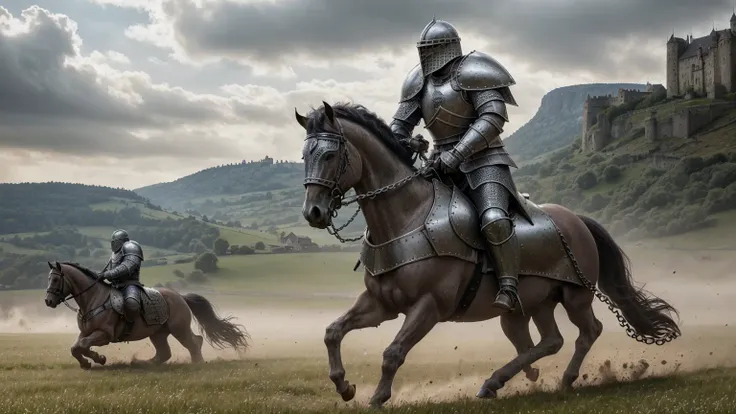 photorealistic, masterpiece, cinematic composition, general shot photography of a (charging medieval knight wearing grey metalic chain mail underneath a plate armour, shouting fiercely, mounted on a proud and imposing warhorse galloping at full speed across a meadow:1.3), (kicking up a great dust and scattering clods of earth in its wake:1.3), (realistic and detailed|intricate armour, realistic and detailed|intricate grey metalic chain mail:1.2), (photorealistic musculature, detailed skin, skin texture, natural skin), (highly action composition), skin imperfections, natural skin wrinkles, (natural skin spots:0.4), highly detailed clothes, abundant details, intricate details, realistic wrinkles in clothing, fantasy landscape, cloudy sky, castle in the distance, radiant lighting, deep shadows, dramatic scene, dark colour palette, detailed landscape, volumetric lighting, (detailed lighting), detailed light reflections on armour, 8k, highly detailed, UHD, HDR, <lora:epiNoiseoffset_v3:1>