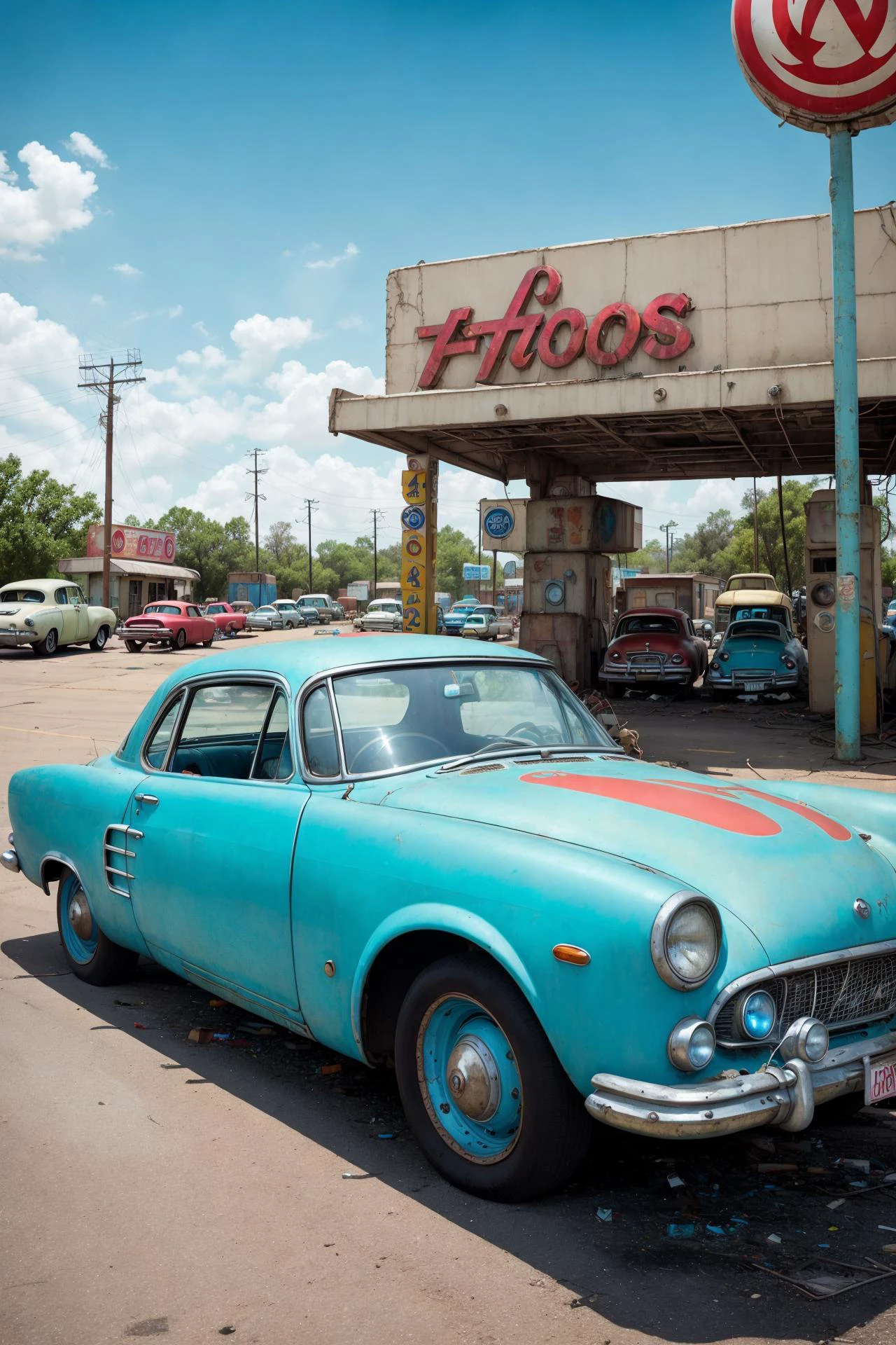 cars around abandoned gas station sign made from a rocket beautiful blue sky Clutter-Home (AtomPunkStyleSD15:1.0), (masterpiece:1.2) (photorealistic:1.2) (bokeh) (best quality) (detailed skin) (intricate) (8k) (HDR) (cinematic lighting) (sharp focus)
