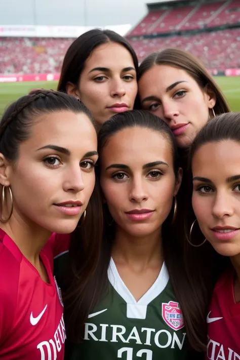 RAW photo, Three female soccer players in uniforms, huddled on the field, Duchess, Average Height, Fit, Diamond-Shaped Face, Olive Skin, Chestnut Hair, brown Eyes, Short Nose, Full Lips, Receding Chin, Shoulder-Length Hair, Fine Hair, Smooth Waves, large breasts, Hoop earrings, pink matte lipstick