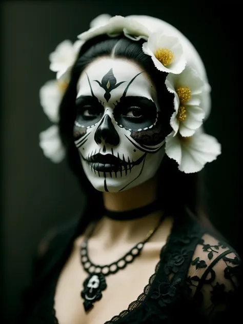 Masterpiece, digital photography, portrait of a woman, skull face painting, santa muerte, ultra realistic,