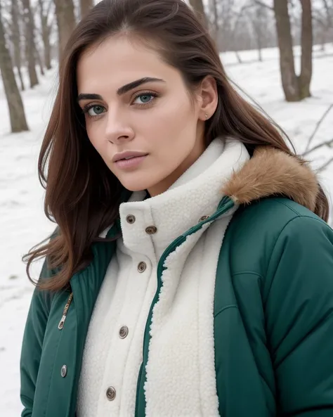 masterpiece, best quality, ultra realistic, hyper detailed, 8k, 4k, photorealistic, persian woman, winter landscape, detailed skin, detailed face, detailed eyes, sexy pose, wearing winter jacket, brown hair, (s4r4hsh4hi), shot on analog film, high fov, natural cinematic lighting, clean face, green eyes, round pupils