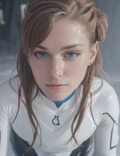 masterpiece, best quality, ultra realistic, hyper detailed, 8k, 4k, photorealistic, shirogane, winter ice landscape, detailed skin, detailed face, detailed eyes, sexy pose, shot on analog film, high fov, natural cinematic lighting, clean face, round pupils, wearing plug suit, <lora:asukaLangleyShirogane_v10:0.7>