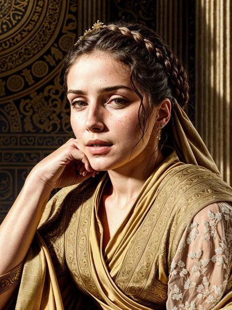 photorealistic, highest quality, RAW photo, cinematic composition, side view medium shot of a beautiful woman from ancient Roman empire sitting, (head tilted down, looking down:1.4), (faint smile, pensive look), (wearing a (long loose-fitting cloth:1.2) tunic in classical style, rich ancient style body accessories, fabulous diadem), skin texture, [skin wrinkles, skin spots], wrinkles in clothing, indoor, (ancient Roman empire hairstyle|clothes|furniture|background), (highly detailed background:1.4), (abundant details, intricate details:1.2), highly detailed clothes, volumetric lighting, sharp focus, 8k, highly detailed, UHD, HDR,  Asian-Less, <lora:add_detail:1>