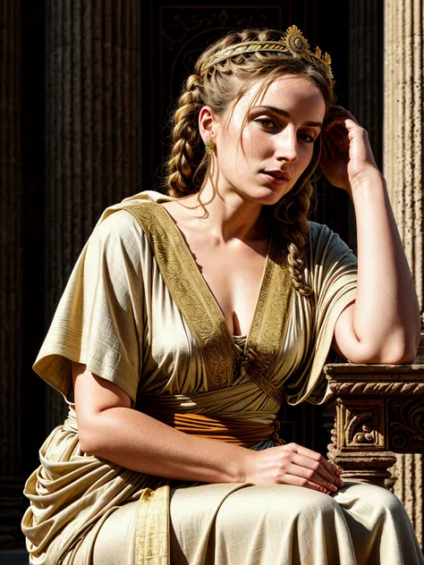 photorealistic, highest quality, RAW photo, cinematic composition, side view medium shot of a beautiful woman from ancient Roman empire sitting, (head tilted down, looking down:1.4), (faint smile, pensive look), (wearing a (long loose-fitting cloth:1.2) tunic in classical style, rich ancient style body accessories, fabulous diadem), skin texture, [skin wrinkles, skin spots], wrinkles in clothing, indoor, (ancient Roman empire hairstyle|clothes|furniture|background), (highly detailed background:1.4), (abundant details, intricate details:1.2), highly detailed clothes, volumetric lighting, sharp focus, 8k, highly detailed, UHD, HDR,  Asian-Less, <lora:add_detail:1>