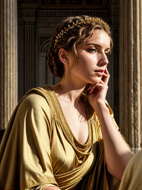 photorealistic, highest quality, RAW photo, cinematic composition, side view medium shot of a beautiful woman from ancient Roman empire sitting, (head tilted down, looking down:1.4), (faint smile, pensive look), (wearing a (long loose-fitting cloth:1.2) tunic in classical style, rich ancient style body accessories, fabulous diadem), skin texture, [skin wrinkles, skin spots], wrinkles in clothing, indoor, (ancient Roman empire hairstyle|clothes|furniture|background), (highly detailed background:1.4), (abundant details, intricate details:1.2), highly detailed clothes, volumetric lighting, sharp focus, 8k, highly detailed, UHD, HDR,  Asian-Less, <lora:add_detail:1>