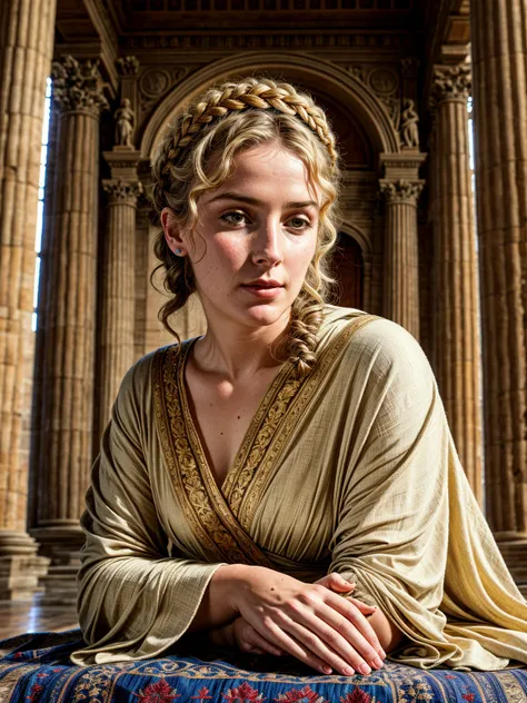 photorealistic, highest quality, RAW photo, cinematic composition, side view medium shot of a beautiful woman from ancient Roman empire sitting, (head tilted down, looking down:1.4), (faint smile, pensive look), (wearing a (long loose-fitting cloth:1.2) tunic in classical style, rich ancient style body accessories, fabulous diadem), skin texture, [skin wrinkles, skin spots], wrinkles in clothing, indoor, (ancient Roman empire hairstyle|clothes|furniture|background), (highly detailed background:1.4), (abundant details, intricate details:1.2), highly detailed clothes, volumetric lighting, sharp focus, 8k, highly detailed, UHD, HDR,  Asian-Less, <lora:add_detail:1>