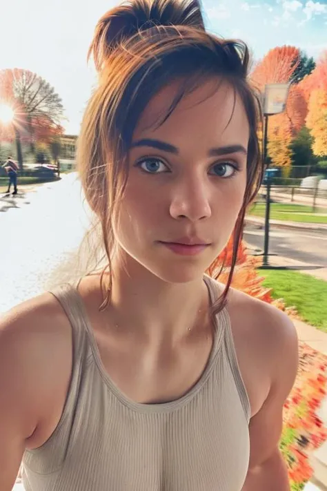 photo portrait of nasti, <lora:nasti_v1:1> wearing sportswear, outside on a sunny autumn day, looking at viewer, lense flare, (realistic eyes, symmetric face:0.8) (masterpiece:1.2) (photorealistic:1.2) (bokeh) (best quality) (detailed skin) (intricate) (8k) (HDR) (cinematic lighting) (sharp focus)
