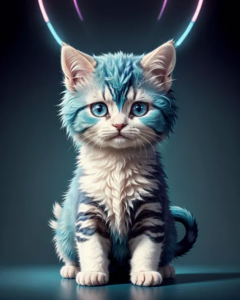 (masterpiece:1.1), (highest quality:1.1), (HDR:1.0), a cute kitten, animal, fluffy, (adorable), natural lighting, (teal and blue:1.1), (expressive cartoon), expressive face, (synthwave:1.2), sy3, SMM, fantasy00d