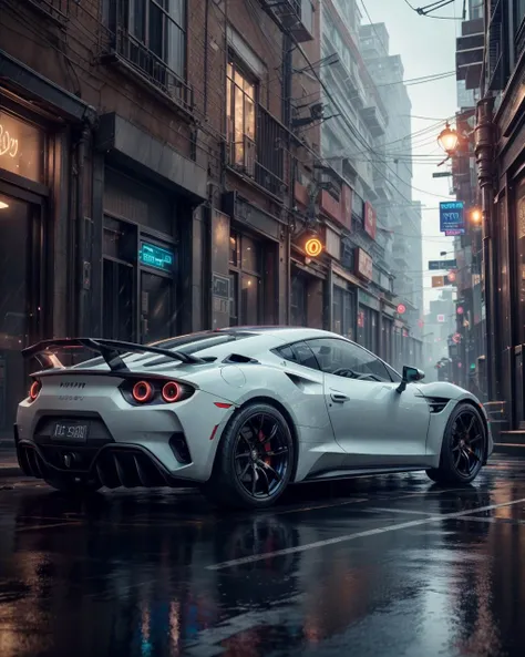 photorealistic, best quality, masterpiece, highly detailed, ultra-detailed, a futuristic sports car in a cyberpunk city at night with neon lights and rain. by josan gonzalez splash art graphic design color scheme minimalism ultra realistic unreal engine 5 hd 8k resolution trending on deviantart pinterest dslr highly rendered 4K imax hyperrealistic full colour cinematic, metal, top tier, extravagant, 8k, unity wallpaper, unreal engine 5, ray tracing, 8k, depth of field, octane render, intricate details, elegant, tone mapping, hyper focus, sheen
