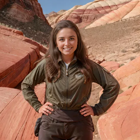 (sporty but cute:1.2) brunette woman, (dressed in hiking clothes:1.2), with a cheeky grin, (24 years old:1.1), standing with a (hands on hips pose:1.2) on the cliff edge over a red rock canyon in the mojave desert, epiCPhoto, <lora:epiCRealismHelper:0.6> <lora:Mojave_Desert_LoRA:0.65> <lora:epiCRealLife:0.8> <lora:Hand v3 SD1.5:0.65> <lora:skinny_new_skin:0.35> <lora:face_average:0.65>