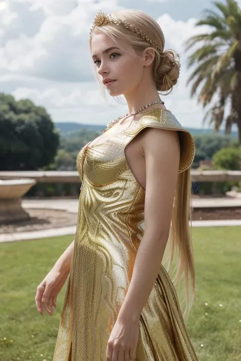(Photoreal: 1.4), 8K, masterpiece, real photo of beauty czech girl, solo, dynamic pose, blonde hair, (half updo), blue eyes, lips, collarbone, big tits, cleavage, necklace, jewelry, patterned dress, looking at viewer, indoor, bokeh, upper body, film grain, epiCPhoto, standing, golden laurel wreath crown, goddess, pale skin, beautiful face, armored dress, wings, looking at viewer, cloudy sky, holy light, light from clouds, fantasy theme <lora:Better Portrait Lighting:0.6> <lora:mucha_resize:0.4>