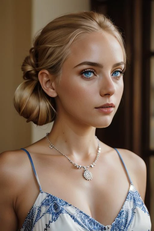 (Photoreal: 1.4), 8K, masterpiece, real photo of beauty czech girl, solo, dynamic pose, blonde hair, (half updo), blue eyes, lips, collarbone, big tits, cleavage, necklace, jewelry, patterned dress, looking at viewer, indoor, bokeh, upper body, film grain, epiCPhoto <lora:Better Portrait Lighting:0.6> <lora:mucha_resize:0.4>