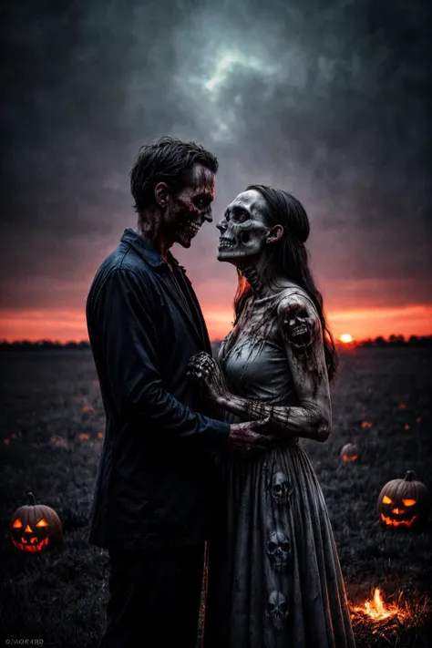 (RAW photo, 8k uhd, Analog style, Masterpiece, Best Quality, Highres:1.4), (dramatic, cinematic:1.2), BREAK,
(portrait:1.2) shot of (couple:1.2) (rotting:1.1) (zombie girl and skeleton man:1.35) (holding hands:1.4), (undead:1.2) (wedding:1.2), (torn clothes:1.2), (glowing blue eyes:1.2), (happy skulls faces, smile:1.4), (bouquet:1.1), (church ruins:1.15), (magical:1.1) (swamp:1.0), (roots:1.0), (bonfire:1.2), (light particles:1.1), (fireflies:1.1), creepy (oak:1.2), (cemetry:1.15), (crosses:1.1), (halloween pumpkins:1.2), (candles:1.1), (haze, mist:1.1), gloomy (red:1.1) (sunset:1.2), (horror:1.2), BREAK,
(photorealistic:1.1), (intricate:1.3), (eerie, scary, mysterious, fabulous, fantasy, mystical:1.3), (hyperdetailed, absurdres, detailed:1.2), (colorful:1.3), (incredible, amazing, esoteric:1.2), BREAK,
<lora:more_details:1>,