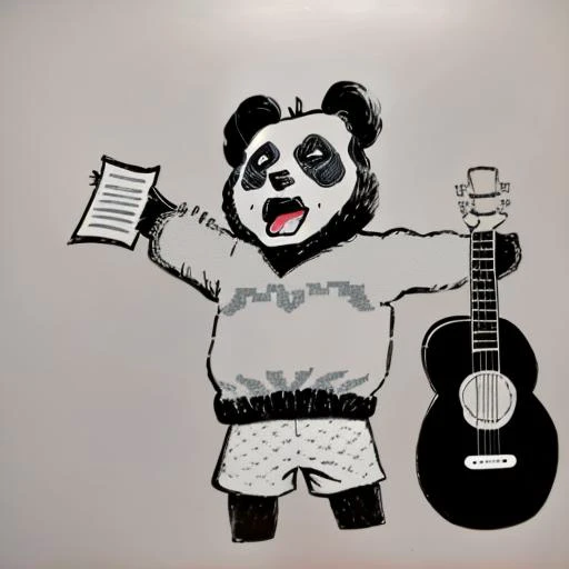 <lora:Panda_Olympics:0.9>, greyscale, monochrome, no humans, panda, panda olympics,( guitar:1.4), (paper in hand:1.4),( screaming panda:1.4), (shorts:1.4), (sweater:1.4), musical note, simple background, solo, white background