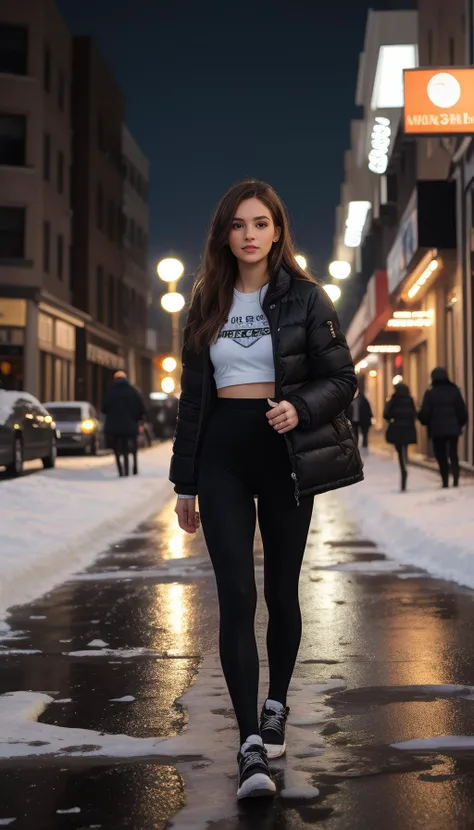 1girl, 22 year old girl, long brown hair, (winter night:1.3), night time, city street, snow falling, black tights, short crop top, puffy jacket, coffee cup, book bag, walking, urban environment, illuminated signs, street lights, pedestrians, tall buildings, concrete pavement, asphalt, reflections, puddles, icy patches, winter atmosphere, cold weather, dark colors, brown hair color, long hairstyle, shoulder length hair, straight hair texture, feminine fashion, casual attire, busy city vibe, nocturnal setting, seasonal ambiance, Uggs, leggings and socks, ugglsleggings, (boots:0.6), socks, <lora:pony_uggsleggings:0.75>, <lora:sinfully_stylish_PONY_0.2:0.6>,