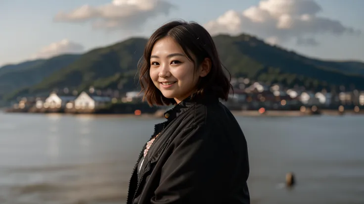 (200mm:1.2), (f/1.2) (very low depth of field:1.2) (blurry bokeh background) ridiculously cute japanese woman, 21 years old, (very chubby:1.3), beautiful wavy hair, short hair, wearing an ((open) black jacket:1.2) over a (blue lacy dress:1.1), (flirty pose), (shy smile), understated silver necklace, in front of a (small japanese coastal town landscape:1.2), golden hour, **(subsurface scattering), <lora:epiCRealLife:0.8> <lora:epiCRealismHelper:0.8> <lora:real_skin:0.5> <lora:flashphoto:1.25> <lora:Fat:1.2>