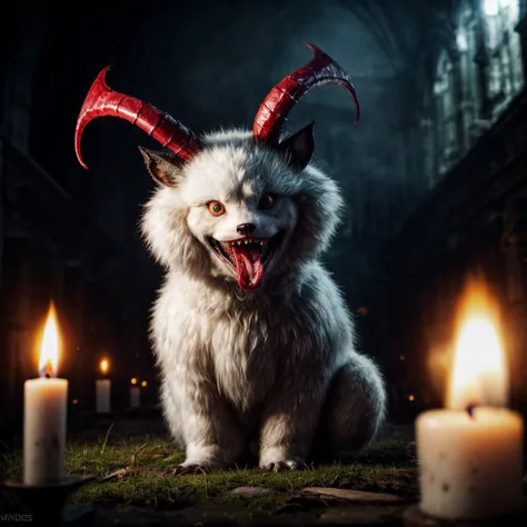 (RAW photo, 8k uhd, Analog style, Masterpiece, Best Quality, Highres:1.4), (dramatic, cinematic:1.2), BREAK,
close-up shot of extremely (cute:1.4) and (creepy:1.1) (creature:1.4), (spherical body:1.25), very (fluffy:1.3) (pink:1.15) (white:1.1) (fur:1.3), (big:1.1) (blue:1.1) (shiny:1.1) (cute eyes:1.3), (wide open (toothy mouth:1.1):1.2), (smile:1.35), (fluffy short paws:1.25), ((fangs:1.15), claws, horns, green bat wings:1.2), (drool, white slime:1.15), inside (overgrown:1.1) (church ruins:1.2), (light particles:1.15), (graves:1.15), (fire:1.1), crosses, BREAK,
(looking at viewer:1.2), (candle, torch:1.25), (moss, mushrooms, (skulls:1.1), bones:1.2), (halloween pumpkins:0.9), messy, (haze, mist, spider web:1.2), (gloomy, horror:1.2), (photorealistic:1.1), (intricate:1.3), (eerie, scary, mysterious, fabulous, fantasy, mystical:1.3), (hyperdetailed, absurdres, detailed, no humans:1.2), (colorful:1.3), (incredible, amazing, esoteric:1.2), BREAK,
<lora:more_details:1>,