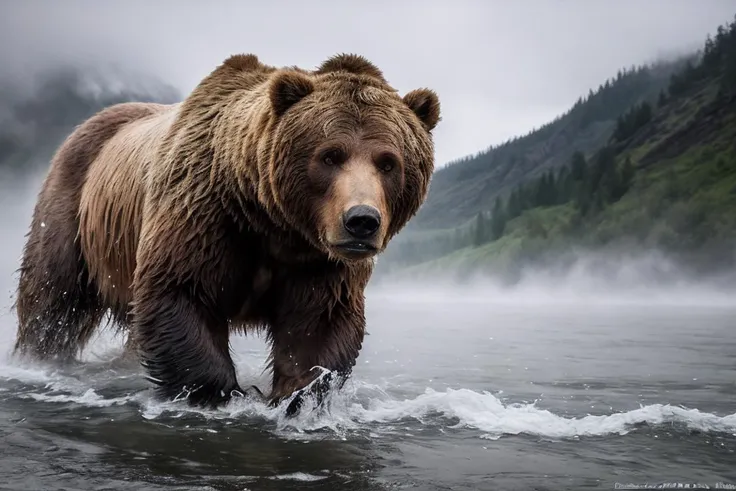 realistic detailed image, detailed (Kodiak bear:1.3), fur, angry, running over water, river, epic, cinematic clear sharp focus, 16k hdr, volumetric, stunning, dramatic, intricate, dramatic, gloomy, dark, overcast, foggy, hyperrealism of fog and haze, <lora:add_sharpness:1.5>, attacking, vicious, raining, windy