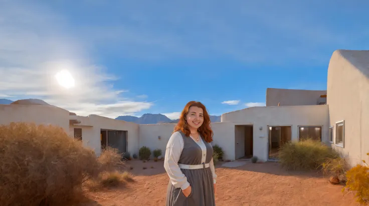 digital RAW photograph portrait of a confident (round faced:1.2) (slightly chubby:1.3) redheaded German woman, (21 years old:1.2), (smiling:1.2), (wearing a dark grey dress:1.2), (standing with a (demure pose:1.4) in the desert garden:1.2) of (a low brutalist architecture house, (white paint and brushed metal:1.1):1.4), (in the Mojave desert:1.2), (beautiful:1.1) rocky desert landscape with red rock, desert grasses, scraggly trees, (sunshine, fluffy clouds:1.2), (mountains in the distance), (volumetric light:1.2), (subsurface scattering:1.3), epiCPhoto, <lora:epiCRealismHelper:0.6> <lora:Mojave_Desert_LoRA:0.75> <lora:Hand v3 SD1.5:0.65> <lora:flashphoto:1.5> <lora:face_average:0.75> <lora:LowRA:0.55> <lora:breastsizeslideroffset:-0.55>