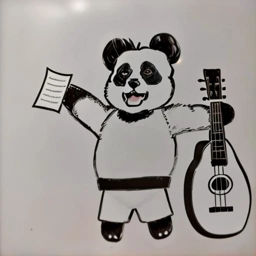 <lora:Panda_Olympics:0.9>, greyscale, monochrome, no humans, panda, panda olympics, guitar, paper in hand, screaming panda, simple background, solo, white background