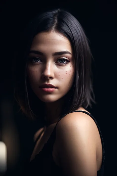 (RAW photo, best quality), (realistic, photo-realistic:1.2), 1girl, high quality, (high detailed skin:1.4), puffy eyes, gorgeous hair, (dark room:1.3), (rim lighting:1.3), (dimly lit:1.3), (dark night:1.3), indoors, portrait, black hair, dark background, short hair