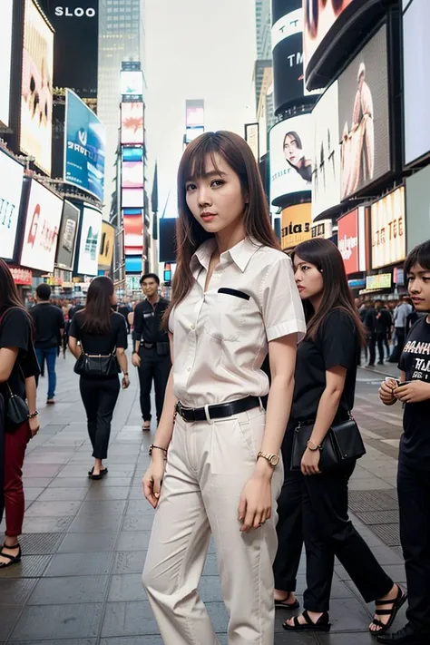 <lora:teacherkeidi_obj20:0.7>, full_body, standing, sandals, (shirt), pants, (times square), (teacherkeidi: 1.3), perfect face, (contact iris: 1.1), pale skin, skin pores , depth of field