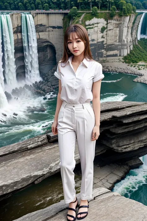 <lora:teacherkeidi_obj20:0.7>, full_body, standing, sandals, (shirt), pants, (niagara falls), (teacherkeidi: 1.3), perfect face, (contact iris: 1.1), pale skin, skin pores , depth of field