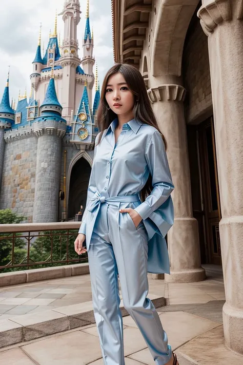 <lora:teacherkeidi_obj20:0.7>, full_body, standing, sandals, (shirt), pants, (disney castle), (teacherkeidi: 1.3), perfect face, (contact iris: 1.1), pale skin, skin pores , depth of field