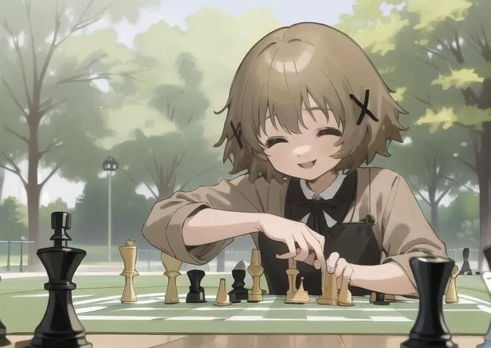 (Masterpiece, Best Quality, Highres:1.2), Detailed, Intricate Details, (((Yuno))) playing chess in a park, happy expression, <lora:HidamariF:0.5>