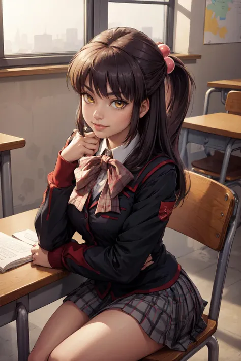 (masterpiece, best quality, 4k, detailed, intricate, realistic),sitting,desk,elbow rest,1girl, futaki kanata, hair bobbles,slight smile,school uniform, jacket, bow, plaid skirt,yellow eyes <lora:littlebusters_futaki:1>