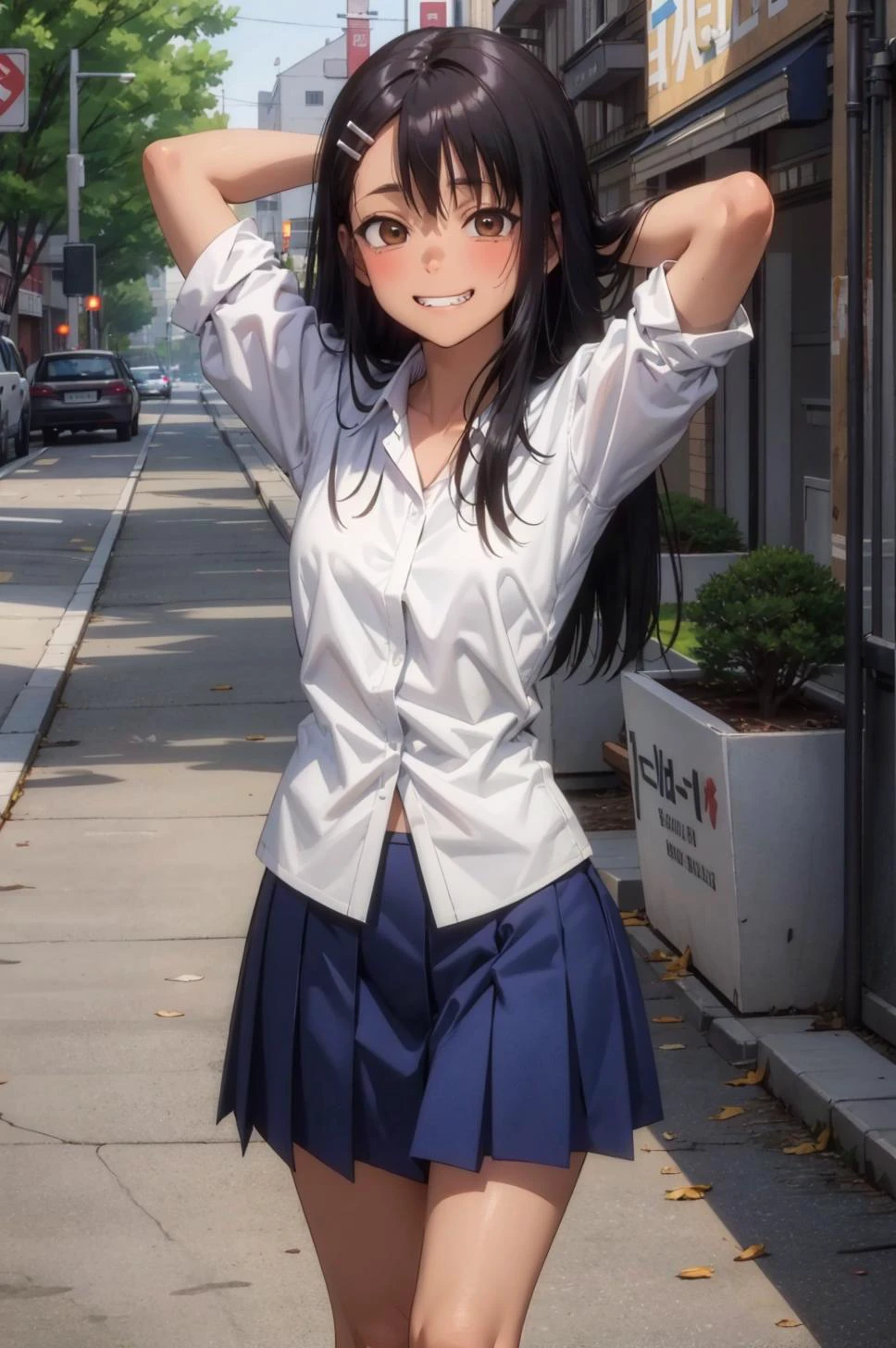 HDR, CG, sharp focus, (8k), (4k), masterpiece, best quality, sharp focus, extremely detailed, intricate, hyper detailed, nagatoro hayase, brown eyes, black hair, bangs, long hair, dark skin, hairclip, white shirt, blue skirt, no socks, uwabaki, standing, arms behind head, cowboy shot, looking at viewer, outdoors, evil grin
