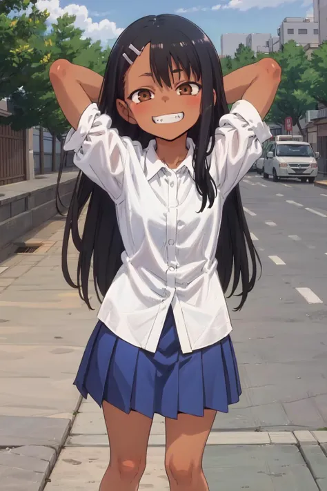 masterpiece, best quality, sharp focus, extremely detailed, intricate, hyper detailed, nagatoro hayase, brown eyes, black hair, bangs, long hair, dark skin, hairclip, white shirt, blue skirt, no socks, uwabaki, standing, arms behind head, cowboy shot, looking at viewer, outdoors, evil grin
<lora:loLoRA_v1:0.4> <lora:nagatoro hayaseV2:0.8>