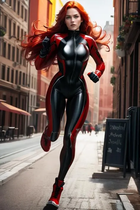 (masterpiece), (best quality), (ultra detailed), (epic lights reflections), glowing, luminous neon lights, 1girl, red eyes, red hair, full makeups, red lips, fit body hair blown by strong winds, (Spiderman cosplay), very tight body shape suit, ultra bodysuit textures details, hair blown by winds, ((full body)), symmetrical pose, model posing in the middle,