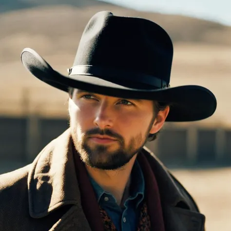 cinematic film still of <lora:Film Stock Footage Style:1>
Medium shot of a man partially covered by shadows in a cowboy hat and a coat staring at camera with perfect shadow cast sunlight daylight on Kodak Vision3 250D Film Stock Footage Style, shallow depth of field, vignette, highly detailed, high budget, bokeh, cinemascope, moody, epic, gorgeous, film grain, grainy