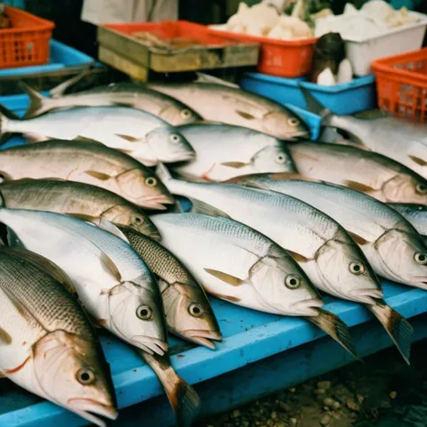 analog film photo of <lora:Film Stock Footage Style:1>
Closeup of a bunch of fish sitting on top of a table in fish market place Kodak Ektar Film Stock Footage Style, faded film, desaturated, 35mm photo, grainy, vignette, vintage, Kodachrome, Lomography, stained, highly detailed, found footage