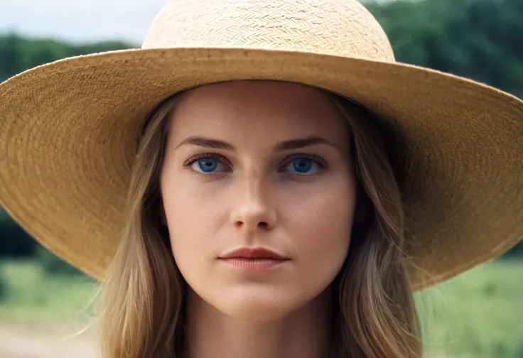 cinematic film still of  <lora:Film Stock Footage Style:0.5>
<lora:Cinematic Film Stock Footage Style:0.5> Cinematic 
Closeup of a 30 years old white woman wearing a straw hat while staring at camera with blue eyes outdoors Kodak Vision3 250D Film Stock Footage Style, shallow depth of field, vignette, highly detailed, high budget, bokeh, cinemascope, moody, epic, gorgeous, film grain, grainy