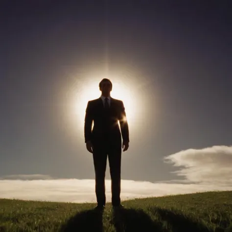 cinematic film still of  <lora:Film Stock Footage Style:1> film grain:1.5 sharp detailed image of a
Wide view of a man in a suit covered in shadows standing in front of a bright sun Kodak Vision3 500T Film Stock Footage Style, shallow depth of field, vignette, highly detailed, high budget, bokeh, cinemascope, moody, epic, gorgeous, film grain, grainy